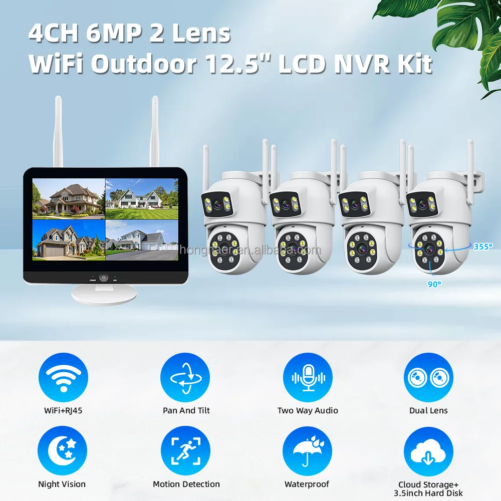 

Hongnaer 6MP 4CH 2 Lens Video IP LCD NVR Home Surveil Security CCTV Camera System Set Kit Eseecloud WiFi Wireless IP CCTV System