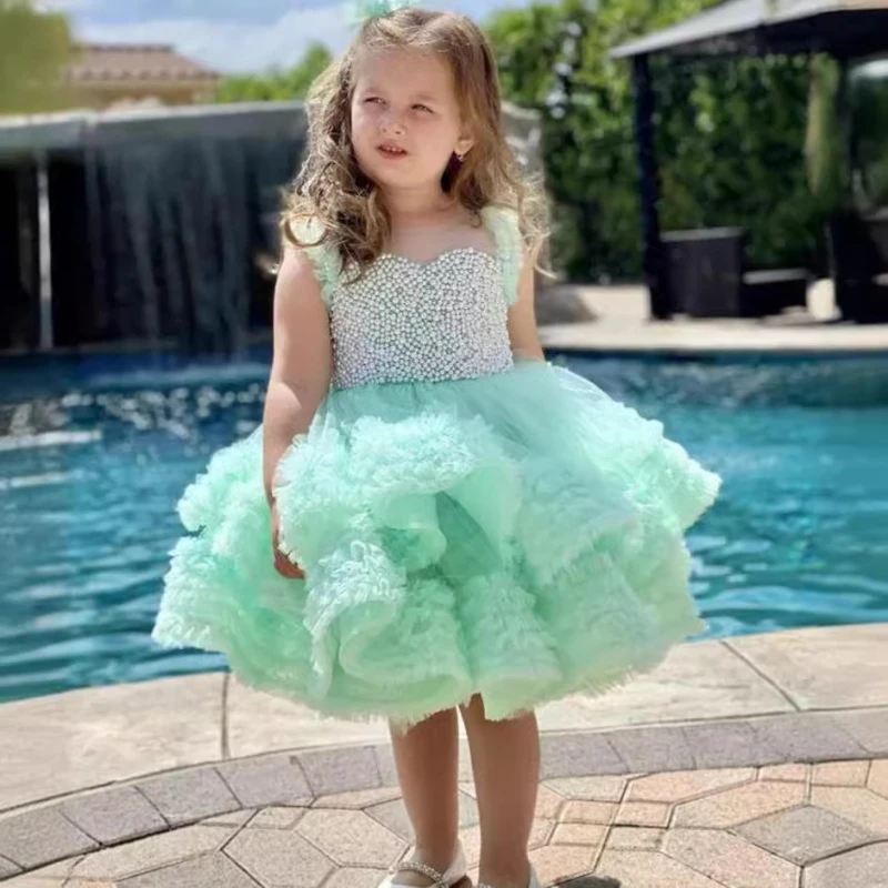 

Girls White Birthday Princess Dress Costume Puffy Tulle Gown with Host Performance Pageant Formal Celebration Children Clothes