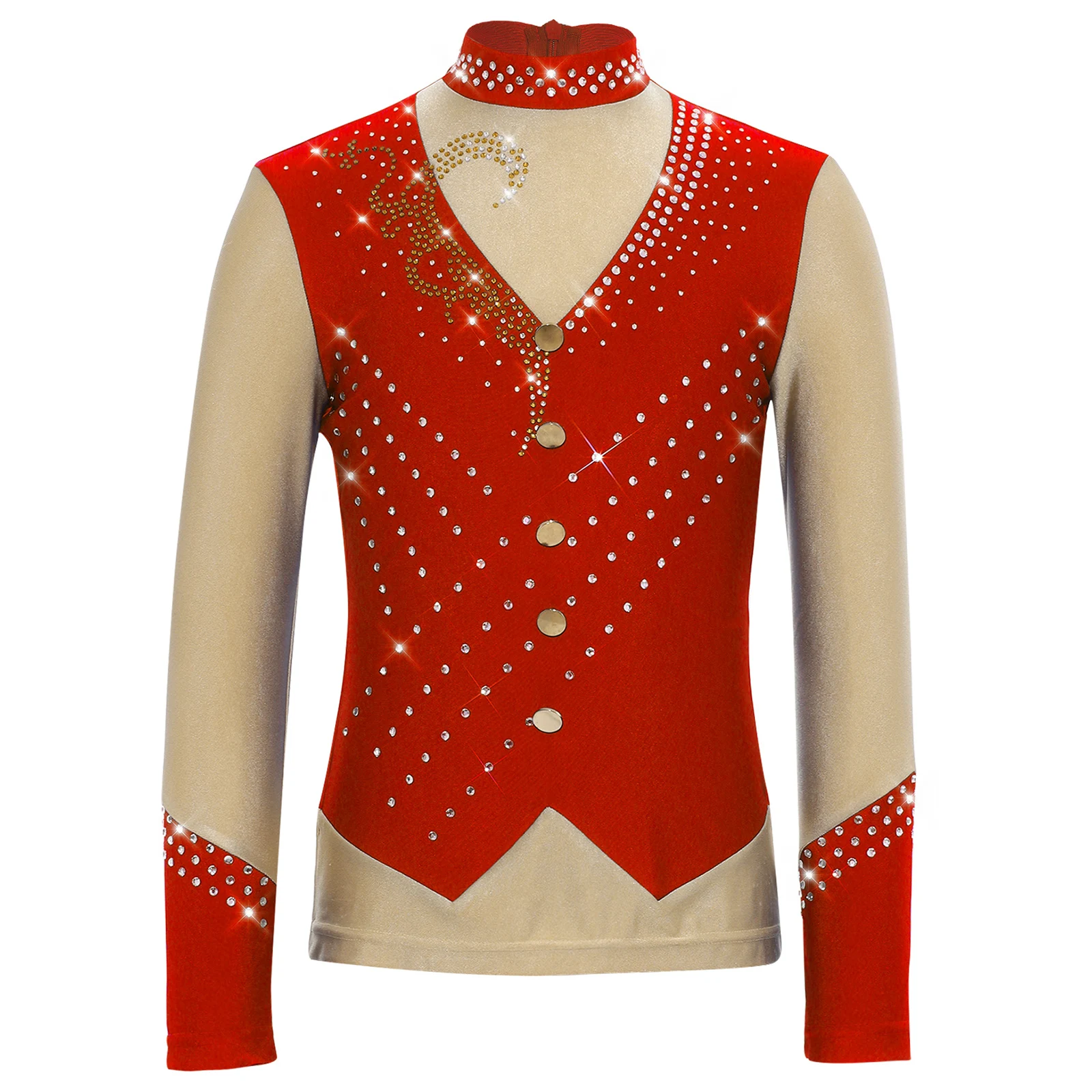 

Kids Boys Figure Skating Dance Costume Shirts Long Sleeve Sparkly Rhinestones Top for Skating Jazz Dance Competition Performance