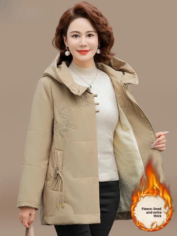 

Новая китайская утепленная хлопковая куртка с флисовой подкладкой для женщин среднего и старшего возраста, модная осенне-зимняя верхняя одежда