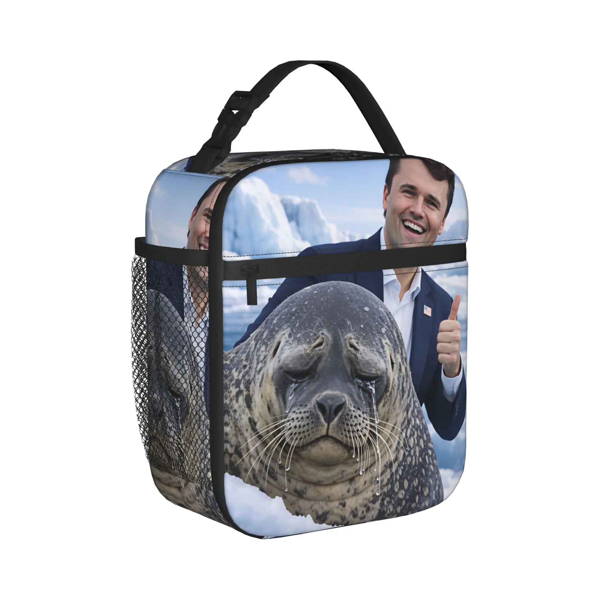 Charlie Kirk Crying Seal Arctic Meme Lunch Bag For Women Lunch Box Retro Picnic Cooler Bag Zipper Waterproof Tote Food Bags