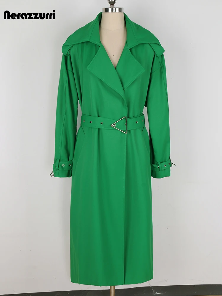 Nerazzurri Spring Autumn Chic Long Green Trench Coat for Women with Back Slit Belt Luxury Designer Clothes European Fashion 2024