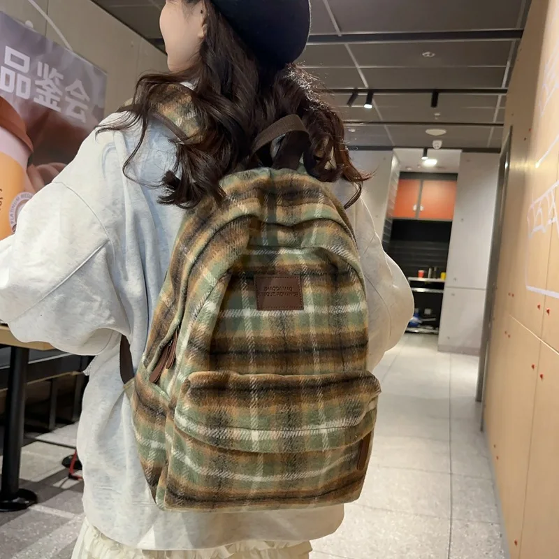 Backpacks Lattice Vintage Couple Canvas Bag Korean Harajuku Large Capacity School Backpack Unisex Stylish Plaid Ins