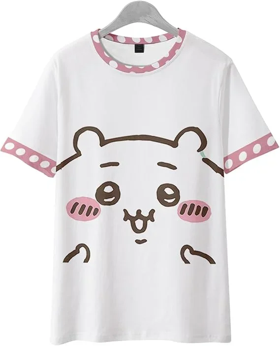 Chiikawa 3D-Druck T-Shirt Schwarz-Weiß Gestreiftes Kurzarm-Shirt Niedlicher Cartoon-Charakter Lässiges Unisex-Sommer-Oberteil Familien-Partnerlook – Detail 3