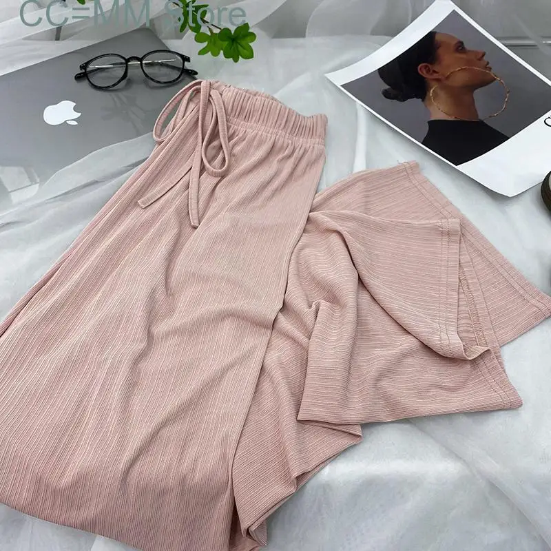 New Prink Knitted Wide Leg Pants for Women High Waisted Drawstring Korean Fashion Casual Pants Elegant Pants