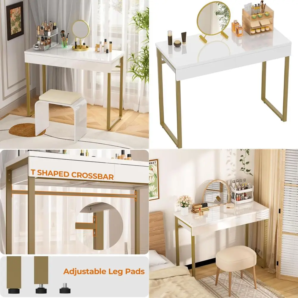 

47 White Makeup Vanity Desk with 2 Drawers, Glossy Top, Metal Gold Legs for Small Spaces, Bedroom, Office