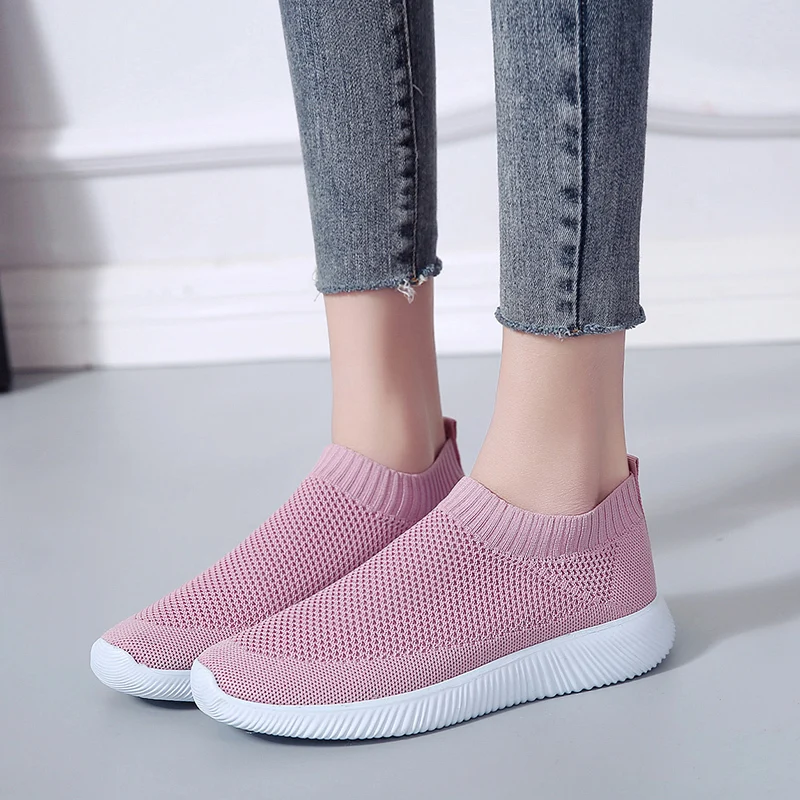 Rimocy Knitted Casual Flats Women small plus Size 28-46 Breathable Mesh Sneakers Women\'s Soft Bottom Slip on Loafers Shoes Woman