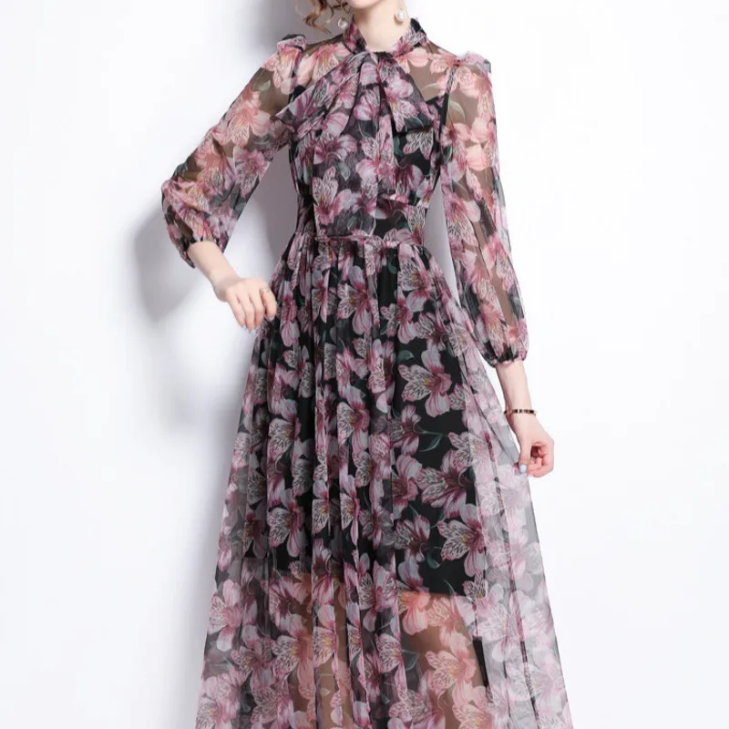 

VIBE Floral Series Elegant Dress Niche Bow Lightweight Chiffon Fairy-like Flowing Vacation Dress Autumn Goddess Style vbq5nb