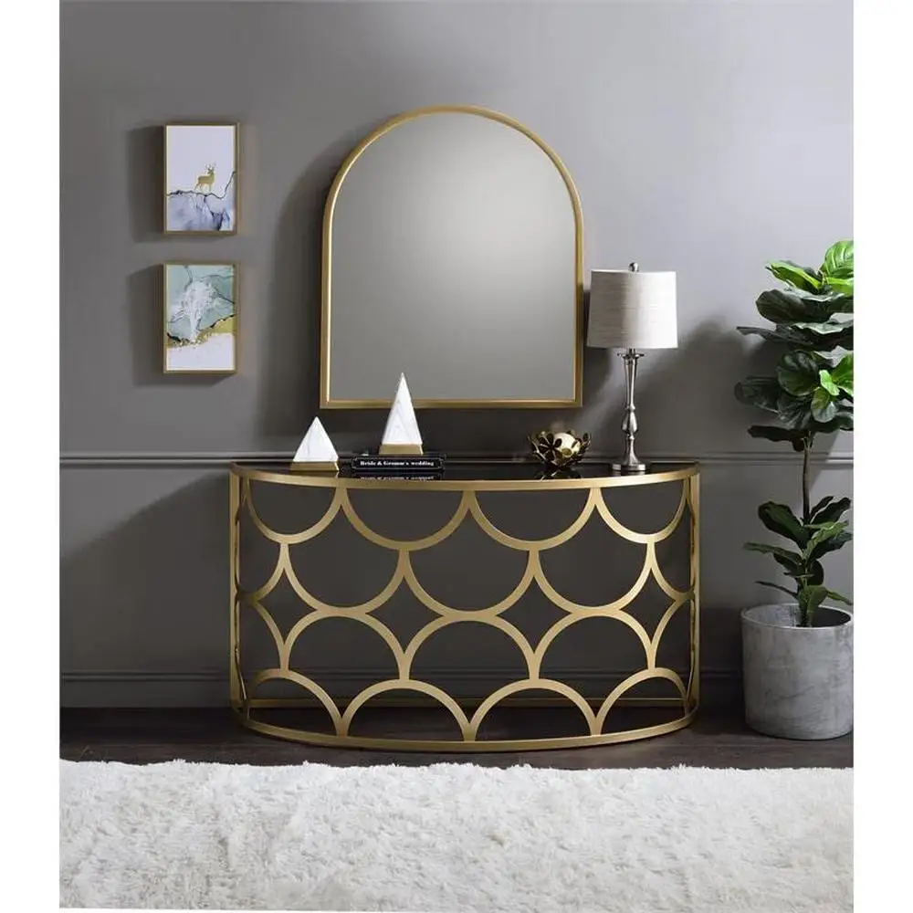 Half Moon Glass Top Console Table with Gold Metal Base 8mm Tempered Glass Contemporary Style Semicircular Shape Easy Assembly