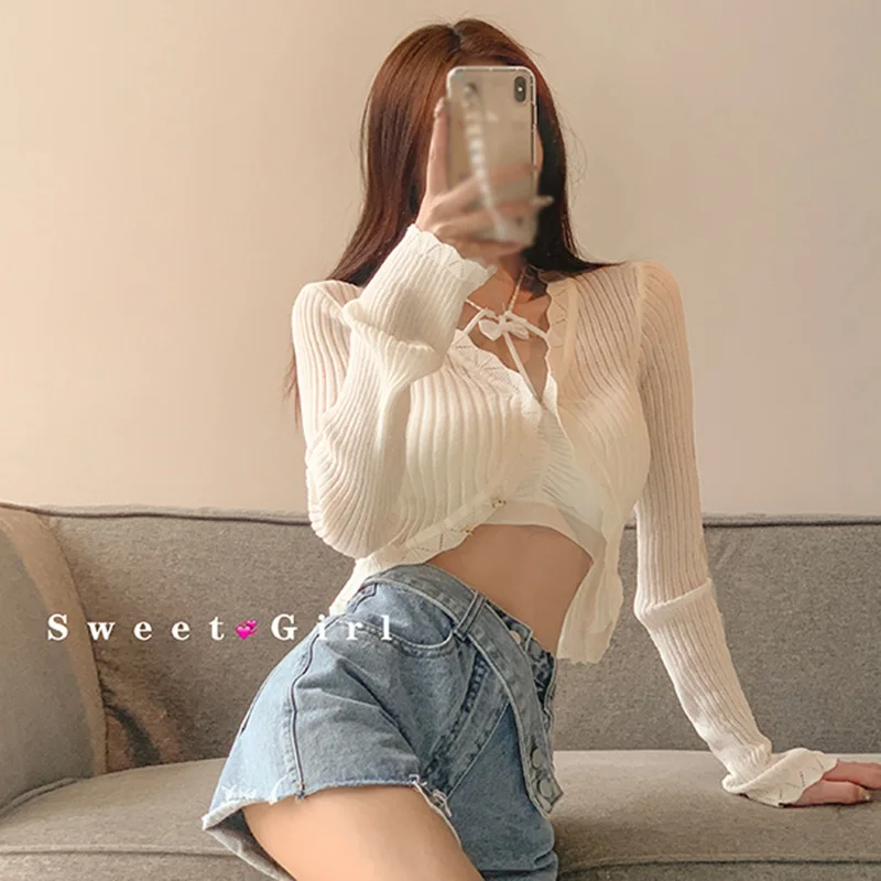 Autumn Spring Women\'s Irregular Slim Tops Knitted Sunscreen Cardigan