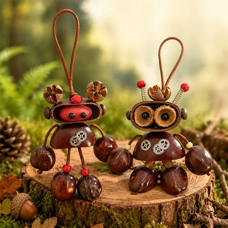 DIY Natural Fruit Shell Robot Making Kit Hand‑assemble Robot Doll Pendant Craft Set Wooden Bead Gear Spring Accessories