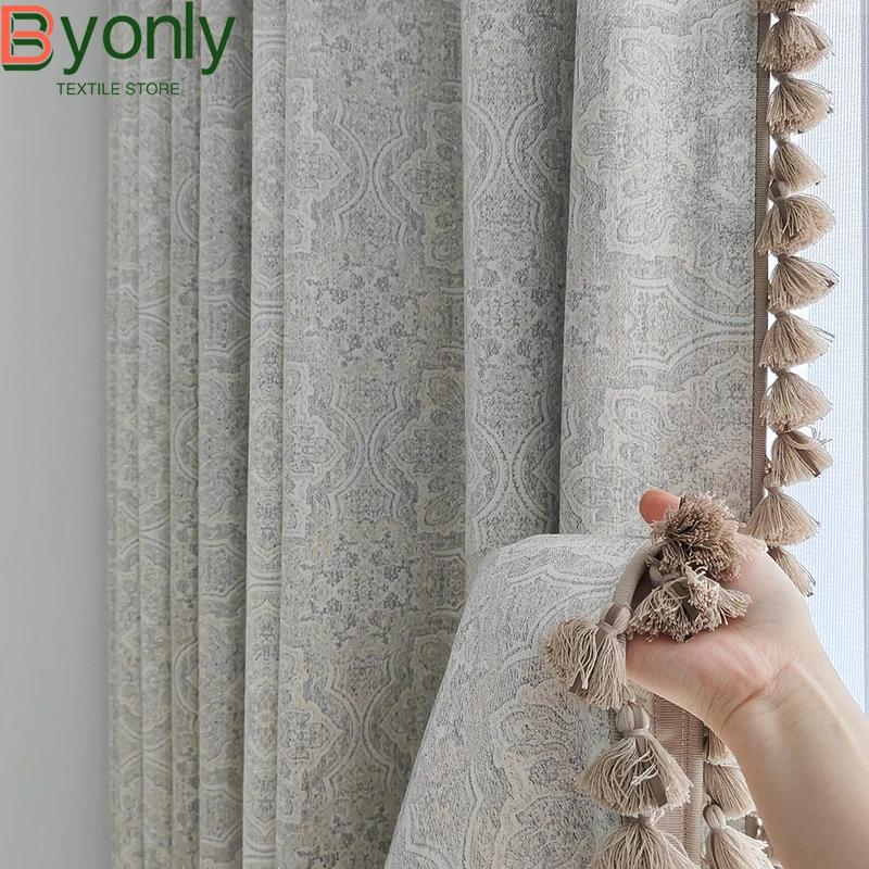 

American Retro Grey White Wool Jacquard Chenille Thickened Curtains for Living Room Bedroom Balcony French Window Customized
