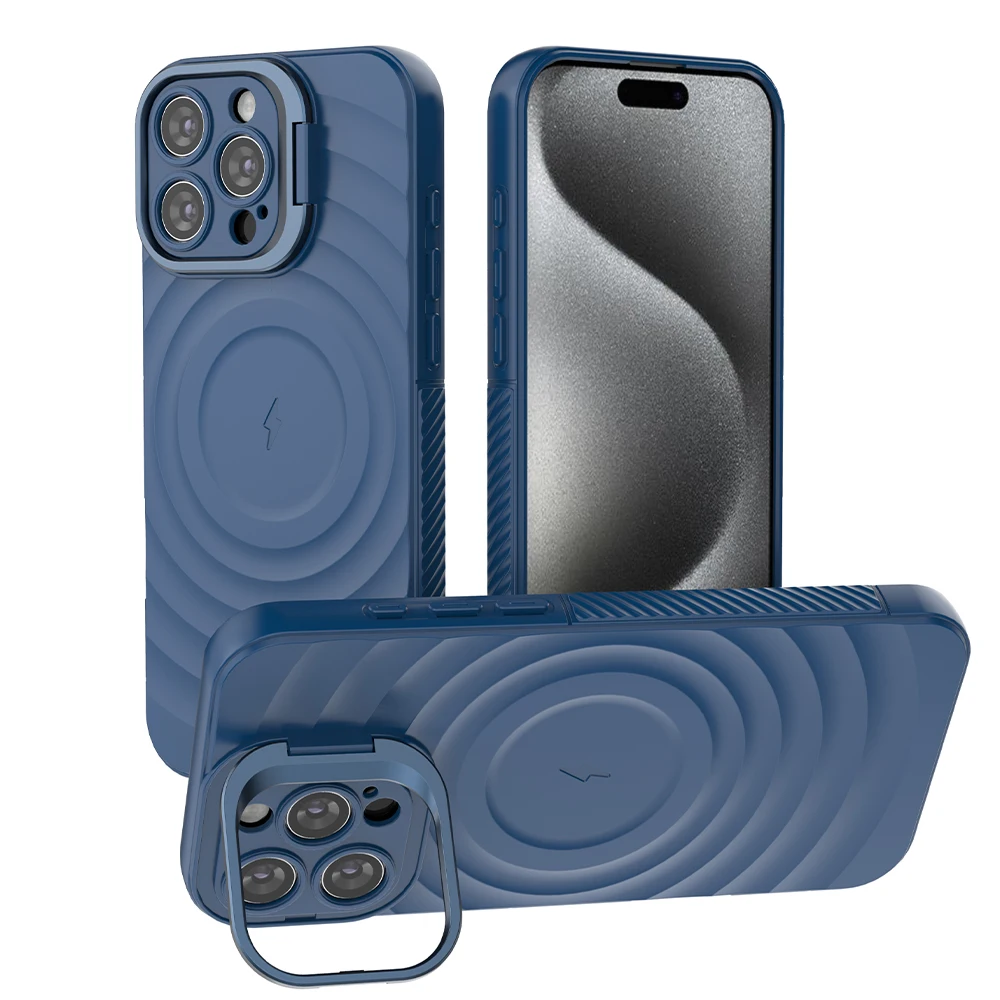 Flip Fold Lens Stand Water Wave Magnetic Phone Case For iPhone 17 16 13 14 15 Pro Max Luxury For Magsafe Wireless Charge Cover
