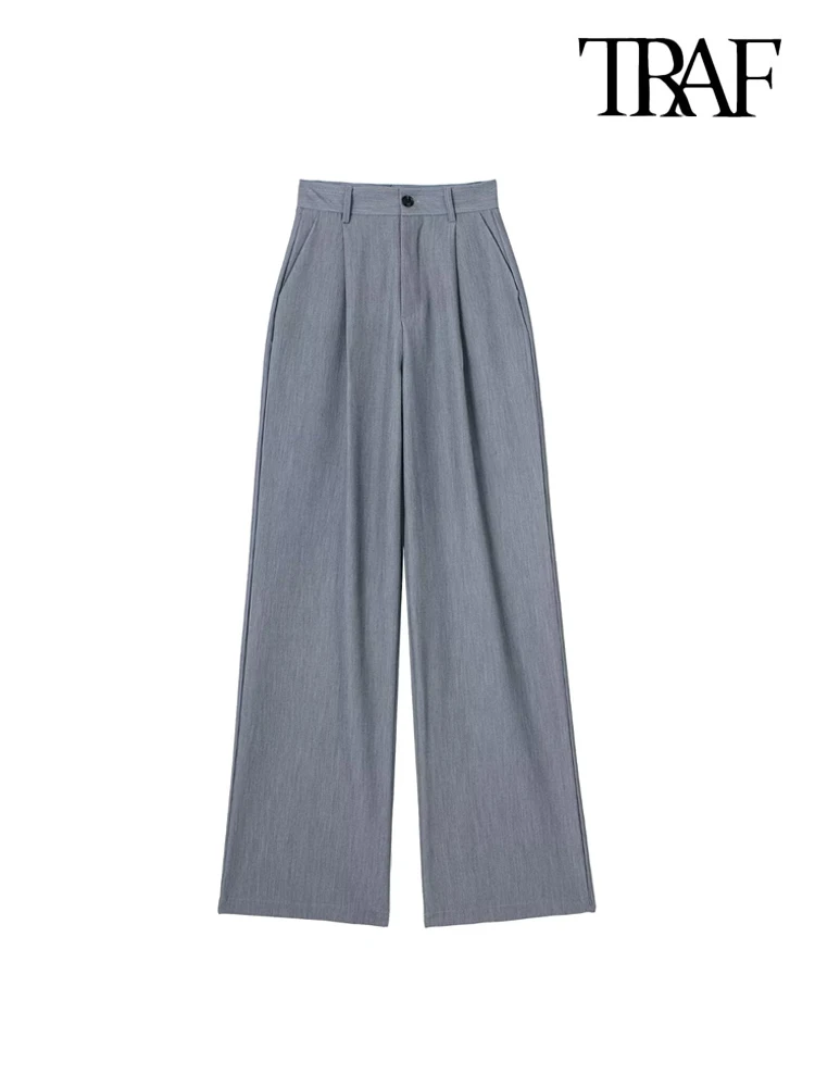 TRAF-Pantaloni da donna con cerniera a vita alta, tasche laterali, abbigliamento da ufficio, pantaloni dritti femminili, moda chic