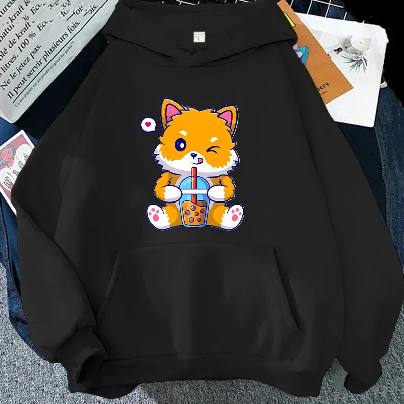 Boba Fox Drinking Print Women Hoodies Fashion Clothes Kawaii Plus Size Sweatshirt Anime Cartoon Fox Graphic Female Streetwear