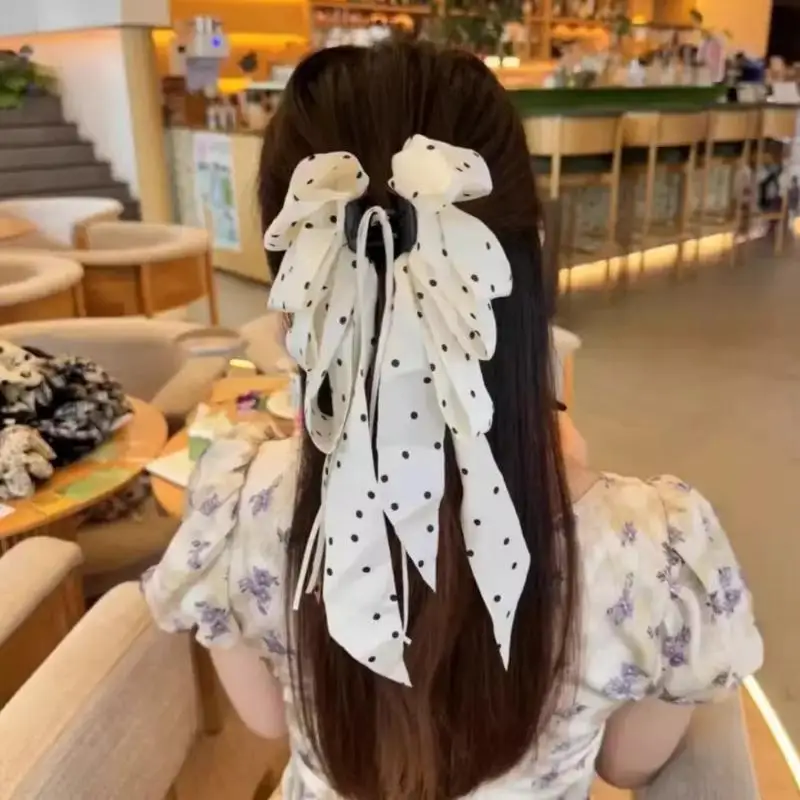 Haarklammern mit gepunkteter Schleife und langem Band, elegantes Design, 2 Farboptionen für den täglichen Gebrauch, Partys, Hochzeiten, Verabredungen – Detail 3