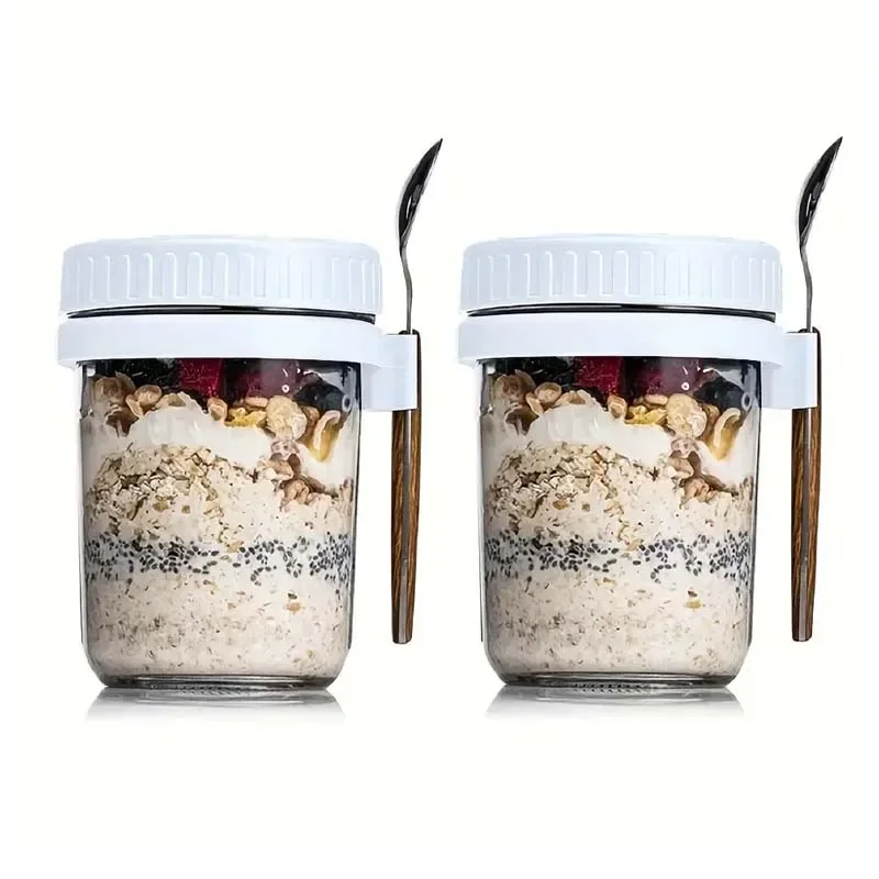 Overnight Oats Container with Lid and Spoon Portable Breakfast Oatmeal Cereal Nut Yogurt Cup 300ML Fruit Salad Food Storage Box