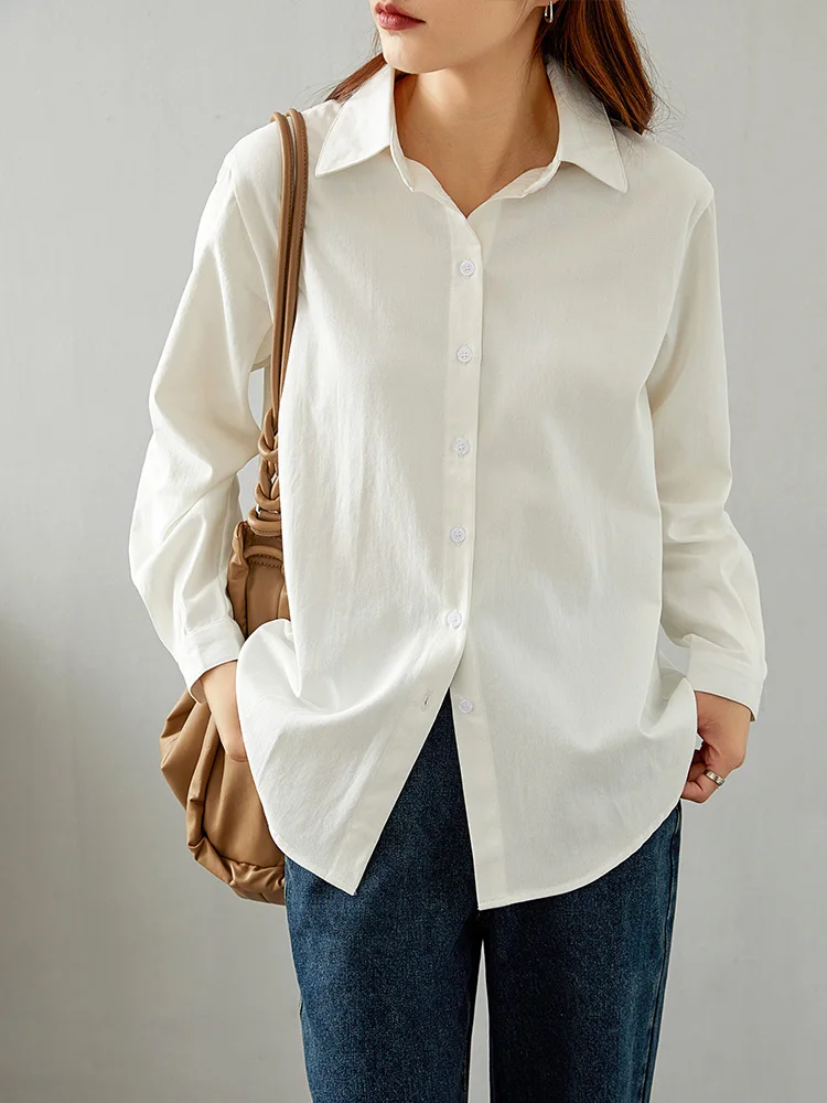 

White Pure Cotton Button-Up Women's irt Layers Outerwear Sli Commuter Korean Loose Fit Long Sve Breathable irt