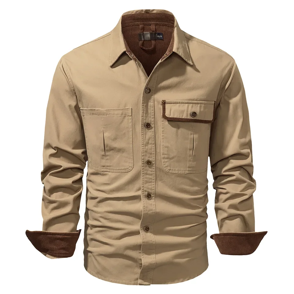 Men's Washed Cotton Shirt Plus Size Solid Color Lapel Long Sleeve Shirt for Men