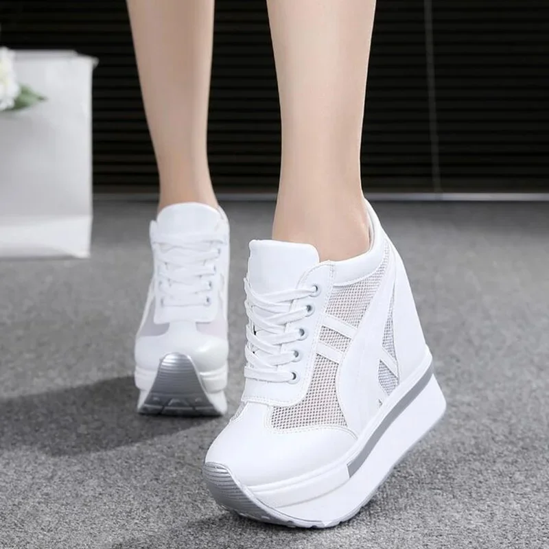 2022 NEW Classic Women Mesh Platform Sneakers Trainers White Shoes High Heels Wedges Outdoor Shoes Breathable Casual Shoes Woman