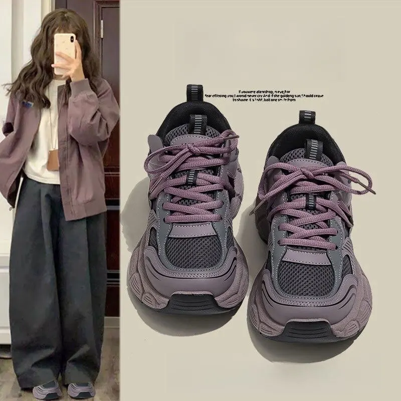 Women's Purple Mesh Chunky Sneakers 4cm Height Increase Casual Dad Shoes Lightweight Platform Sole All Season Ready Stock