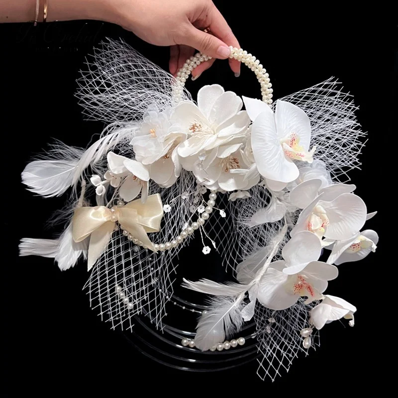 

PEORCHID Pearl Artificial Wedding Hoop Bouquet Western White Elegant Faux Real Touch Orchid Bridal Handheld Flower Bouquet Gift