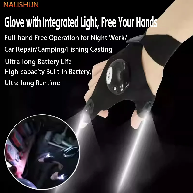 LED Half Finger Glove Anti-slip Waterproof Outdoor Cycling Running Night Fishing Bait Flashlight Durable Fingerless Gloves
