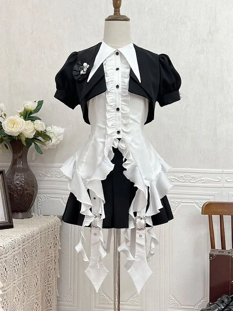 Harajuku Gyaru 3 Pieces Sweet Fairy Shirt Short-sleeved Y2k Mini Skirt Suit Vintage Style 2000s Polo Neck Fashion Outfits Punk