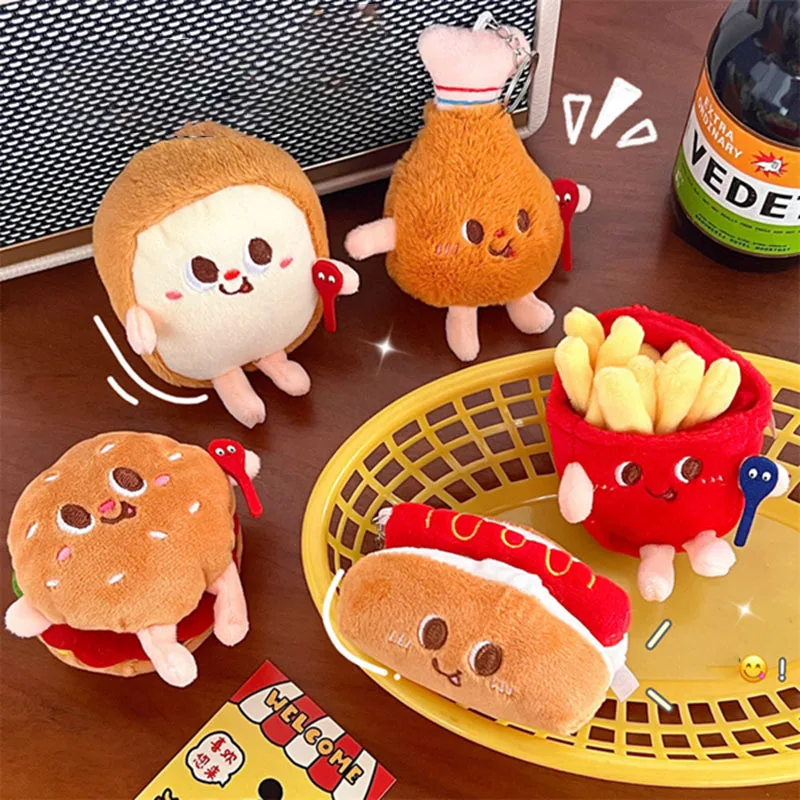 Kawaii Cartoon Food Bread Hamburger Hot Dog French Fries Plush Doll Soft Stuffed Plush Pendant Keychains for Children Gifts Toys