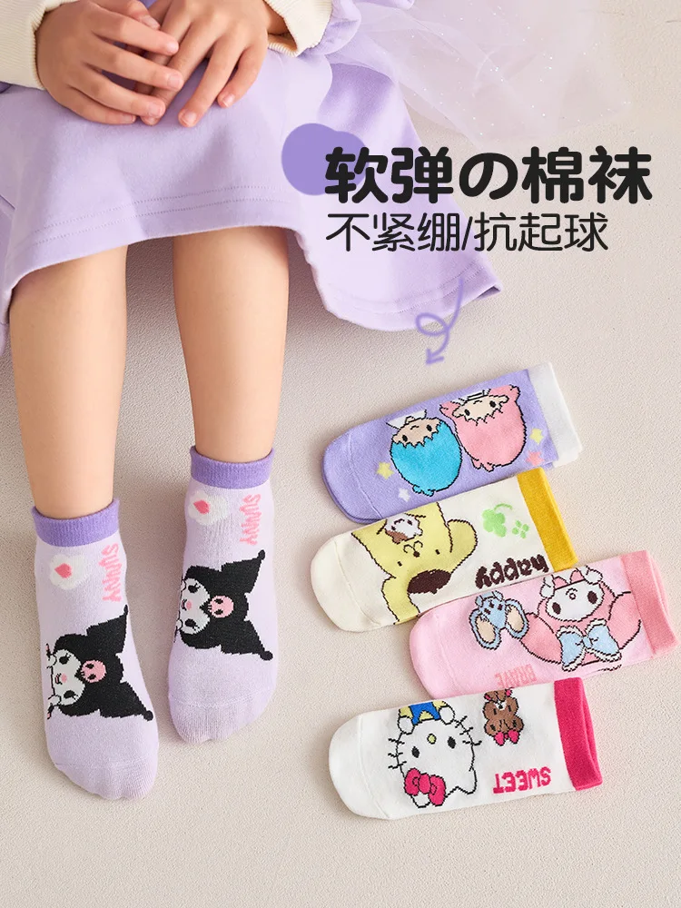 

5Pcs Hello Kitty Kids Socks Kawaii New Spring and Summer Cartoon Kuromi Children Mid-calf Cotton Sock for Girls 5-12 Years