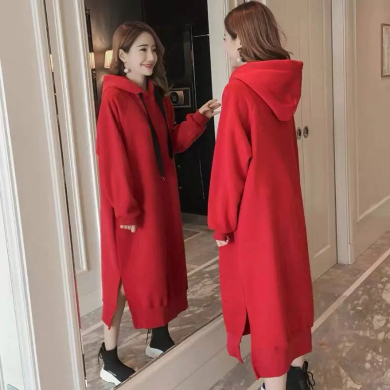 Women Autumn Winter Loose Black Hoodie Dresses New Korean Thick Velvet Long Sleeve Red Medium Length Dress Temperament Commuting