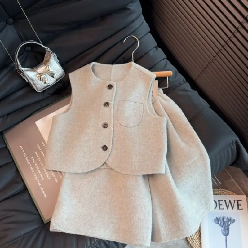 Kids Clothing Sets Autumn Winter Wool Vest Jacket+pants Fleece Lined Two Piece Set Trendy Versatile Outfit for Boys & Girls