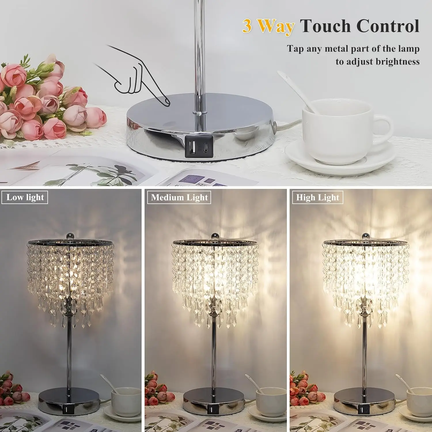 Touch Control Crystal Table Lamp with USB Charging, Dimmable LED Nightstand Light for Bedroom Living Room
