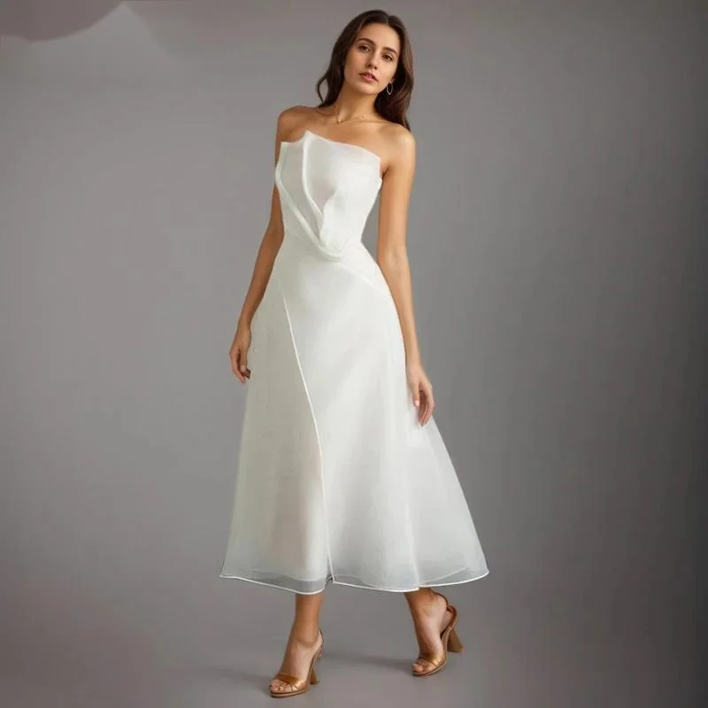 

Fashion White Irregular Organza Strapless Dress Women's Slash Neck Slim High Waist A-line Mid-calf Dresses Summe 9RJW