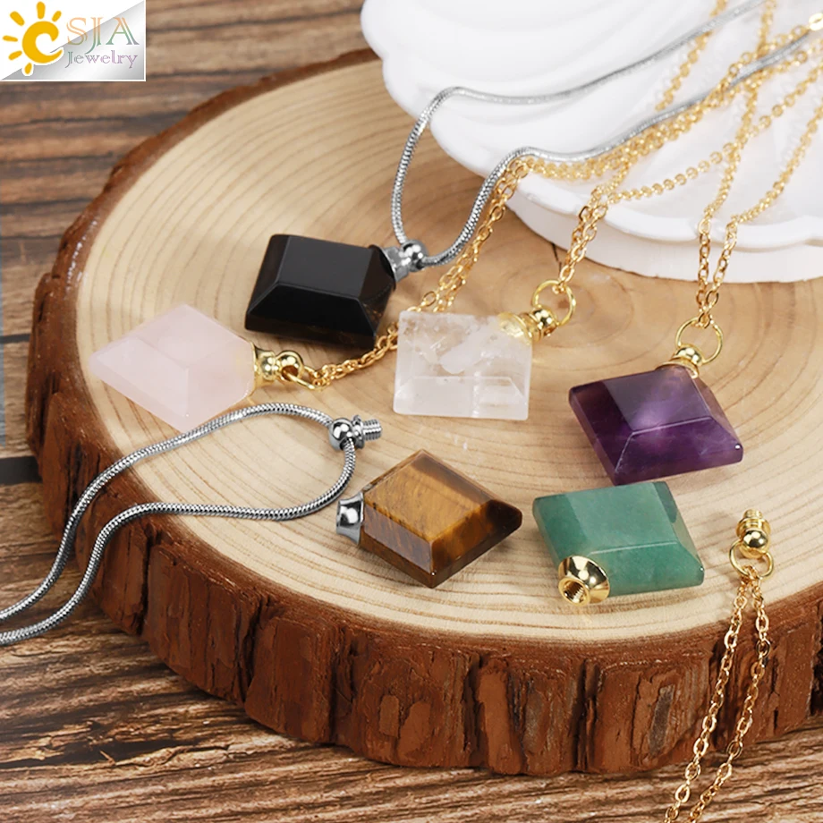 Silver Color Natural Stone Perfume Bottle Necklace Rhombus Crystal Pendant Essential Oil Stailness Steel Chain Necklaces H417