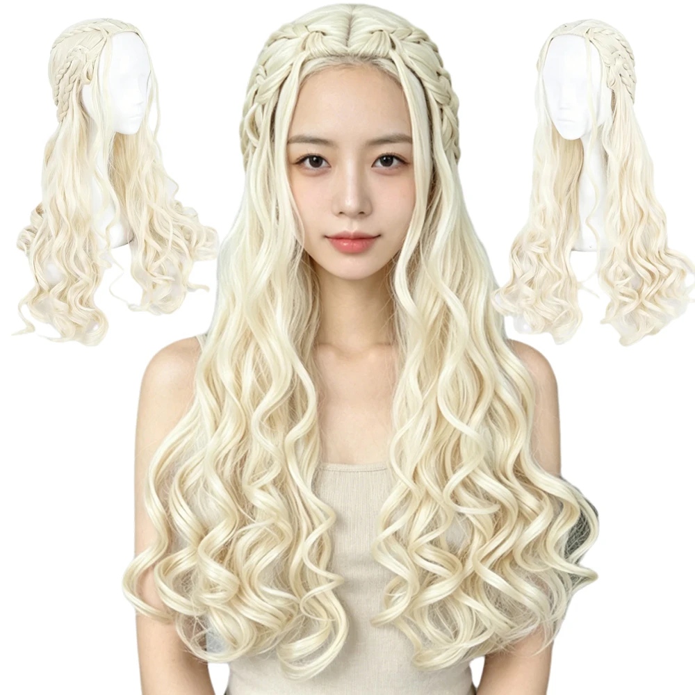 Platinum Blonde Long Curly Braid Wig Retro Style Daily Commute Party Universal Full Head Wig For Women High Temp Fiber For Women