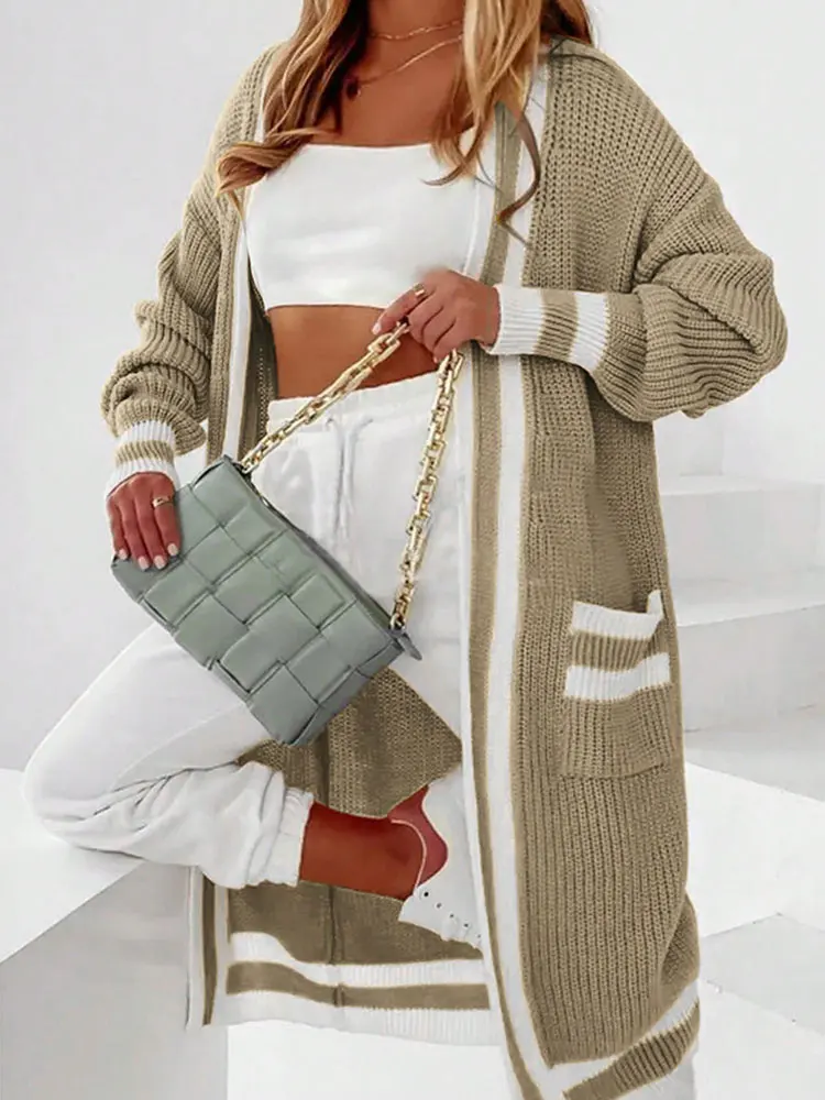 

Лидер продаж, кардиган средней длины в контрастную полоску больших размеров с карманами, вязаная куртка с длинными рукавами, топ, осенняя теплая женская одежда