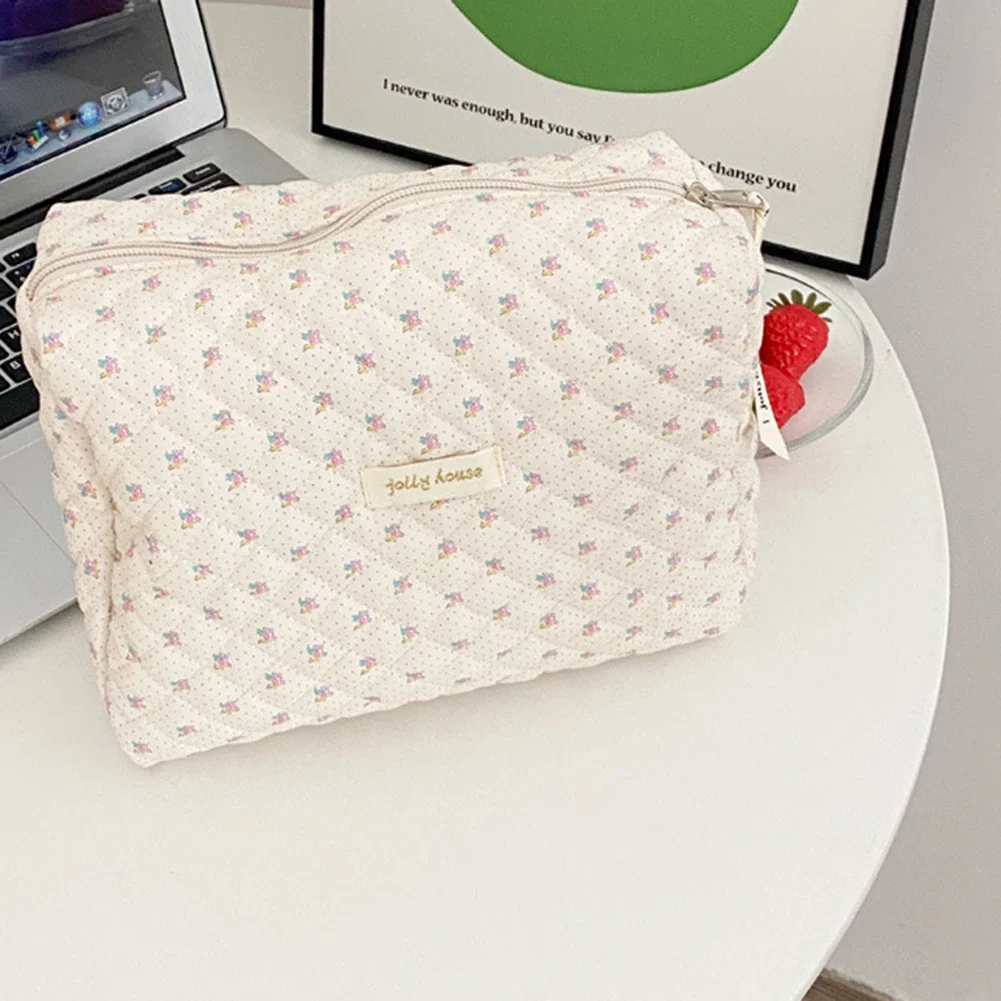 Cute Quilted Cotton Makeup Bag Women Zipper Cosmetic Organizer Female Cloth Handbag Box Shape Portable Toiletry Case For Girls