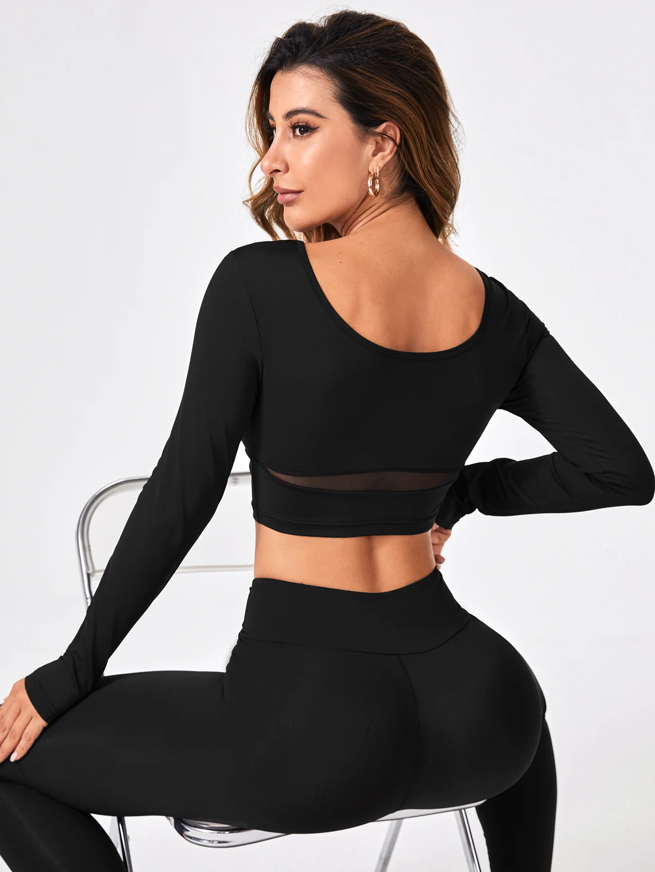 Long Sleeve Solidcolor Yoga Pilates Shirts for Women Quick Dry Elastic Slim Fit Crop Top Running Workout Breathable Sportswear