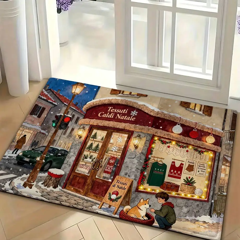 Snowy Christmas Town Floor Mat Soft Non Slip for Entry Door Bathroom Indoor Home Decorative Carpet