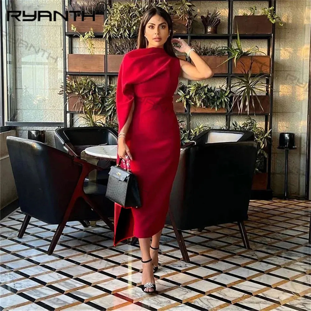 Ryanth Vintage Red Prom Dresses Satin O Neck Mermaid Long Vestidos De Fiesta Elegantes Para Mujer Arabia saudita Celebrity Dress