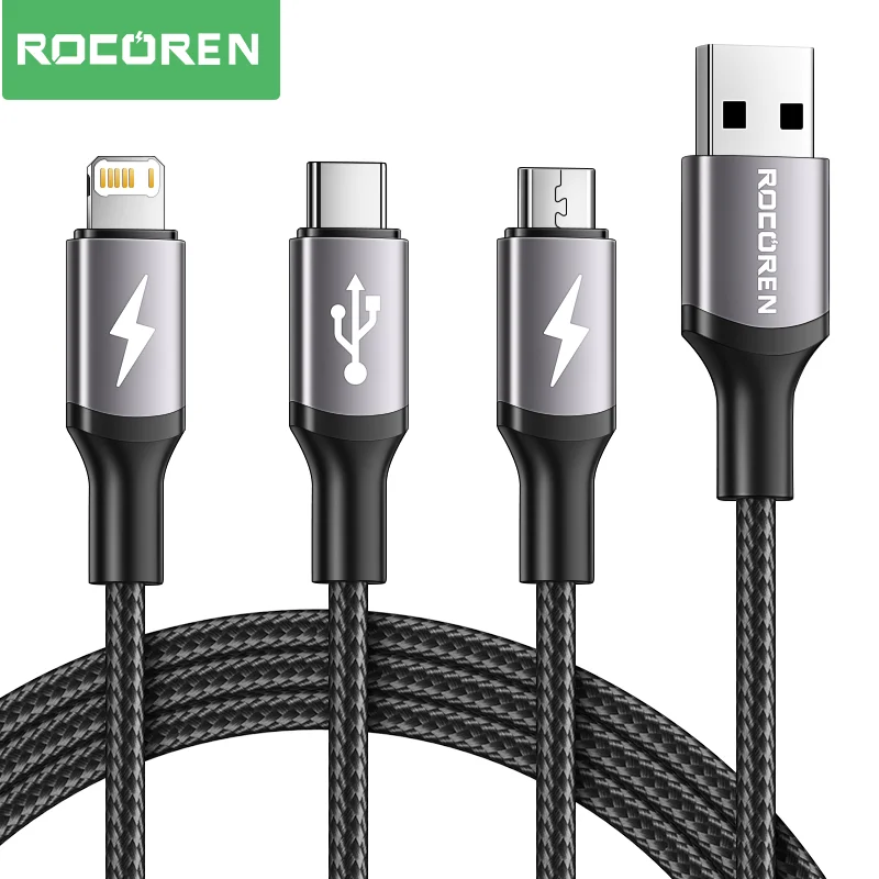 Rocoren 3 in 1 USB Cable for iPhone 15 14 13 Pro Max Type C Fast Charging Charger Micro Cable For Xiaomi Samsung USBC Data Cord