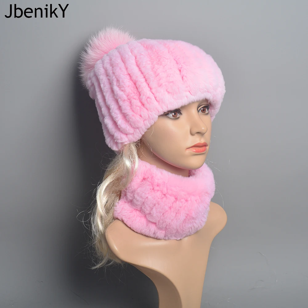 Women Knit Real Rex Rabbit Fur Hat Scarf Sets Natural Warm Rex Rabbit Fur Scarves Hat Winter Lady Real Rex Rabbit Fur Hat Scarf