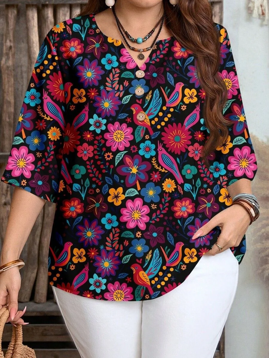 Women 3/4 Sleeve Notch V Neck Blouse Vintage Floral Leaf Print Wooden Button Casual Loose Daily Shirt