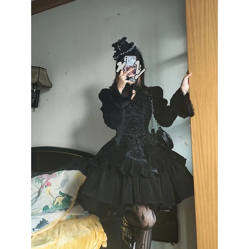 Vestido de Lolita gótico de manga comprida feminino, Jacquard clássico, Escuro, Outono, Inverno, 2023