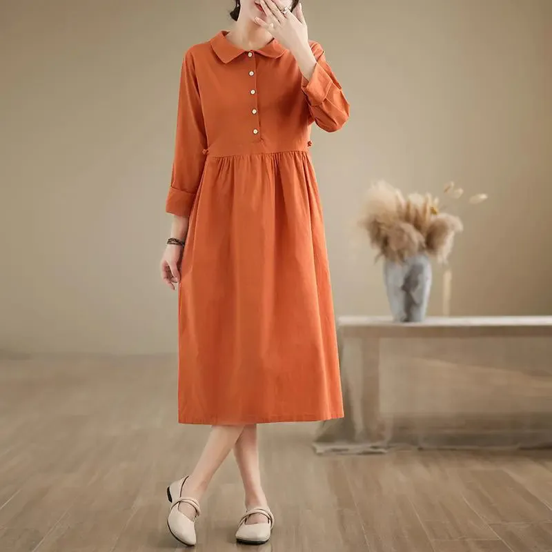 

Retro Fashion Linen Dress Women's Long Sleeved Solid Color Cotton Linen Dress Ladies Casual Dresses Spring Summer Autumn