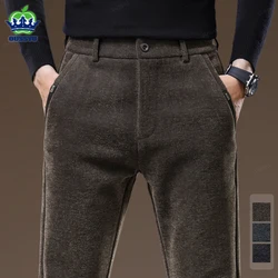 New Autumn Winter Luxury Casual Pants Men Thick Business Elastic Waist Slim Fit Korean Brushed Fabric Brown Long Trousers Male