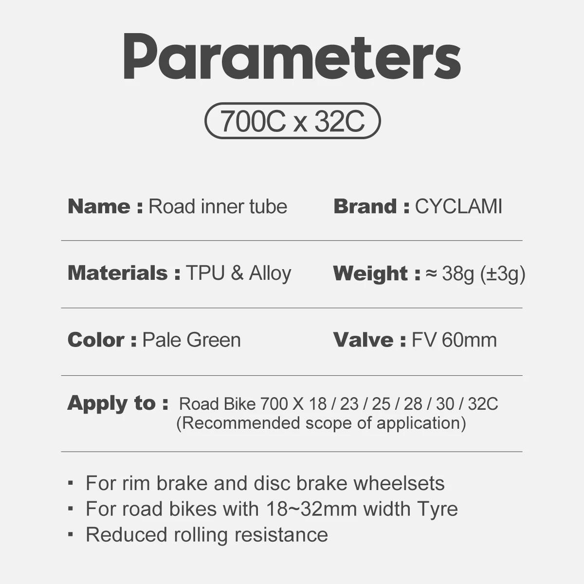 ท่อด้านใน TPU จักรยานเบามาก Cyclami 700C 700 X18 32ยางทีพียูความยาว45มม. 60มม. เบามากวาล์วฝรั่งเศส