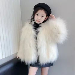 2024 New Winter Children Solid Faux Fur Woven Jacket Girls Fox Fur Coat Baby Children Clothing Stylish