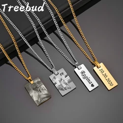 Treebud Custom Engrave Photo Rectangle Pendant Necklace Stainless Steel Laser Engraved Logol Text Picture Choker Jewelry Gifts